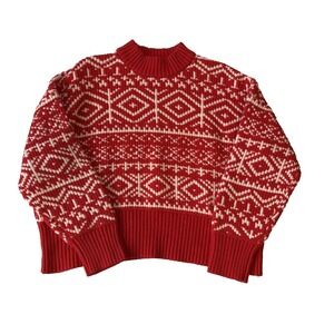 Old Navy SoSoft Red Fair Isle Mock Neck Boxy Crop Sweater Women's L Nordic Ski